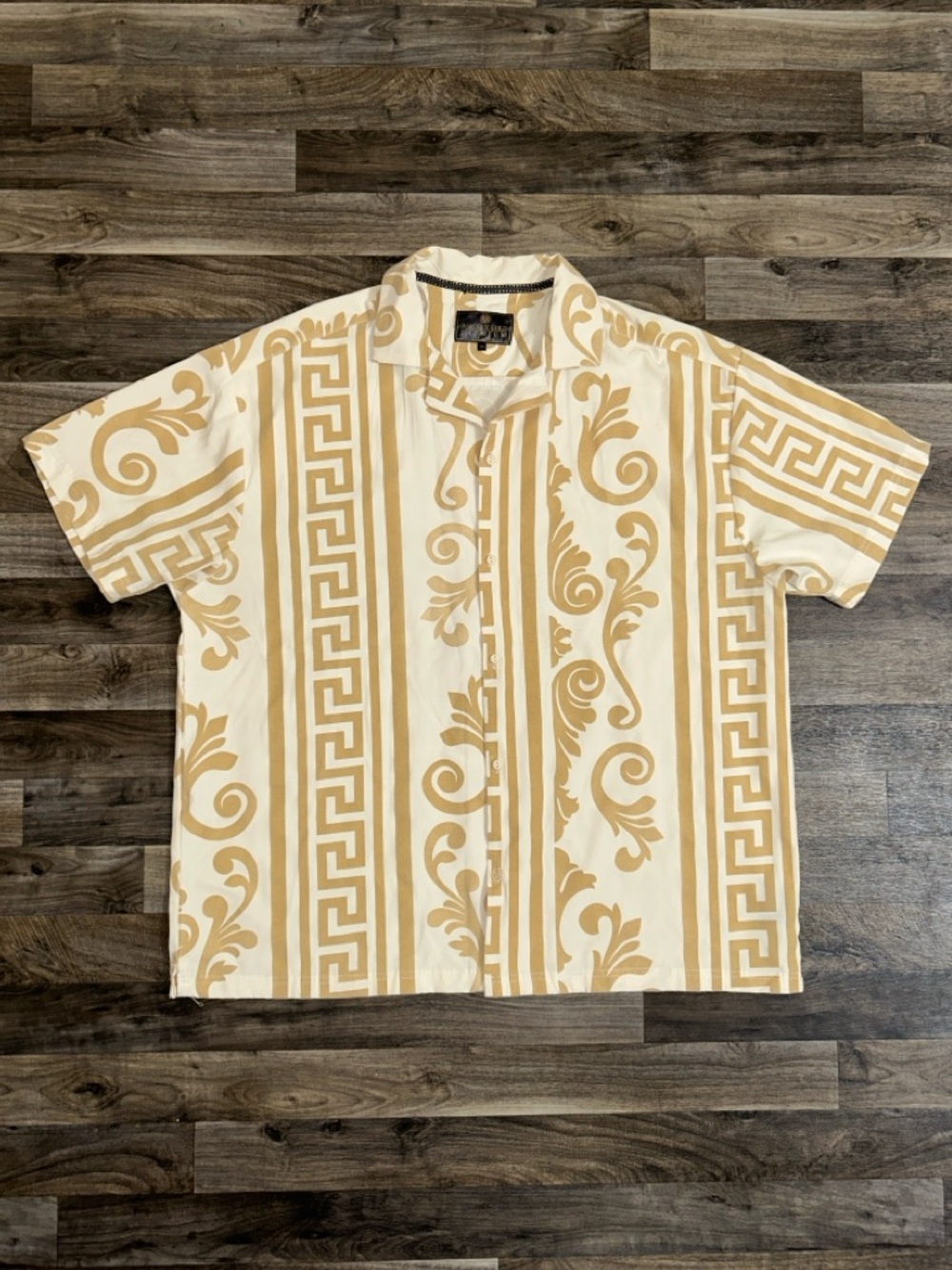Baroque Gold Premium Button Up Shirt Mens 3XL Beige Greek Key Print